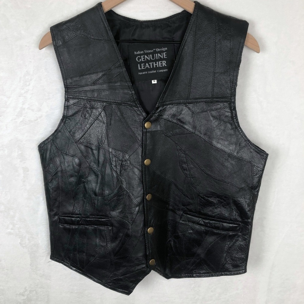 Italian Stone Design Navarre Leather Patchwork Snap Biker Vest Men's M Black